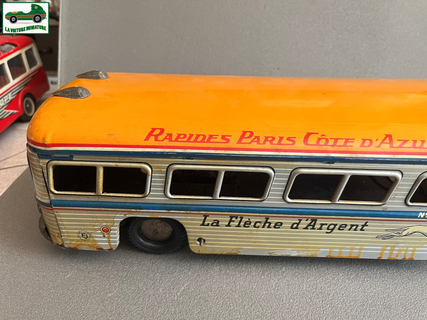 Jouet Ancien Tôle Bus Autobus Flèche d'argent France Jouets Vintage Mécanisme FJ