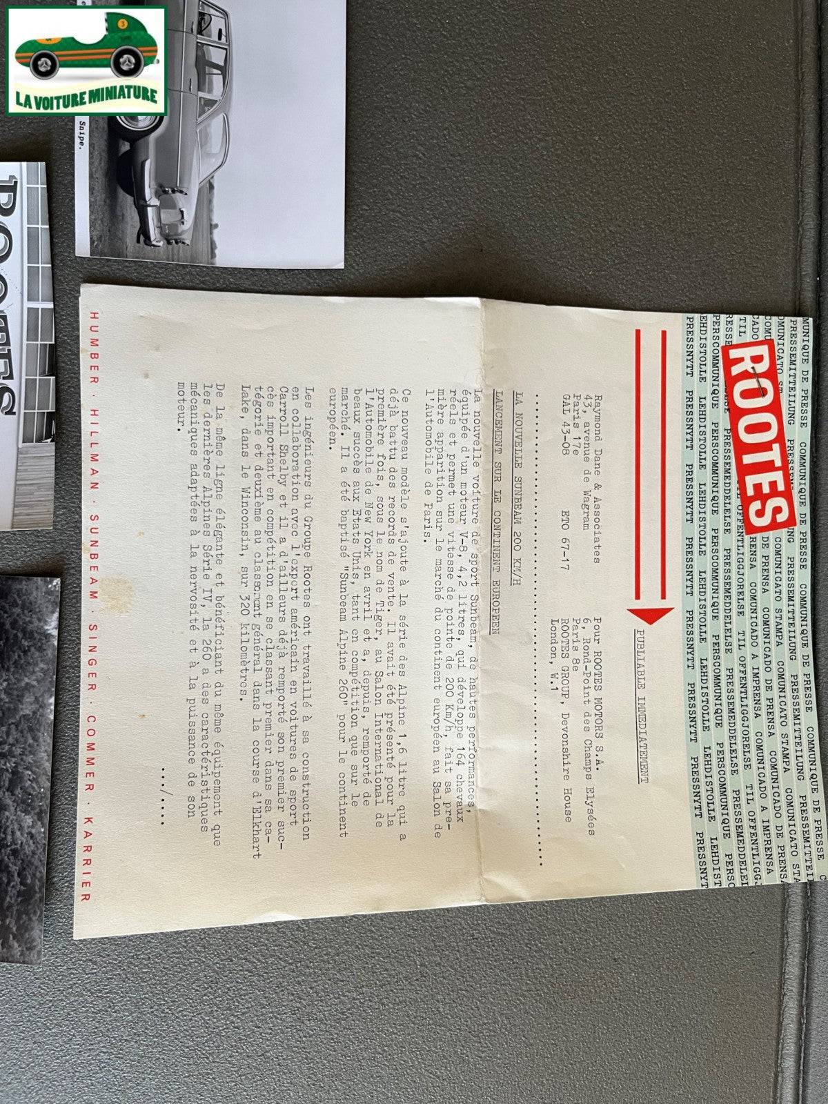 Ancien Documentation Automobile Communiqué Presse Rootes Motors Sunbeam Photo