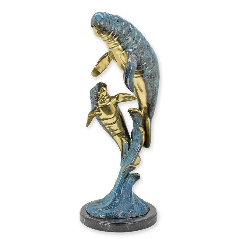 STATUE MODERNE SCULPTURE BRONZE LAMANTIN AVEC SES PETITS