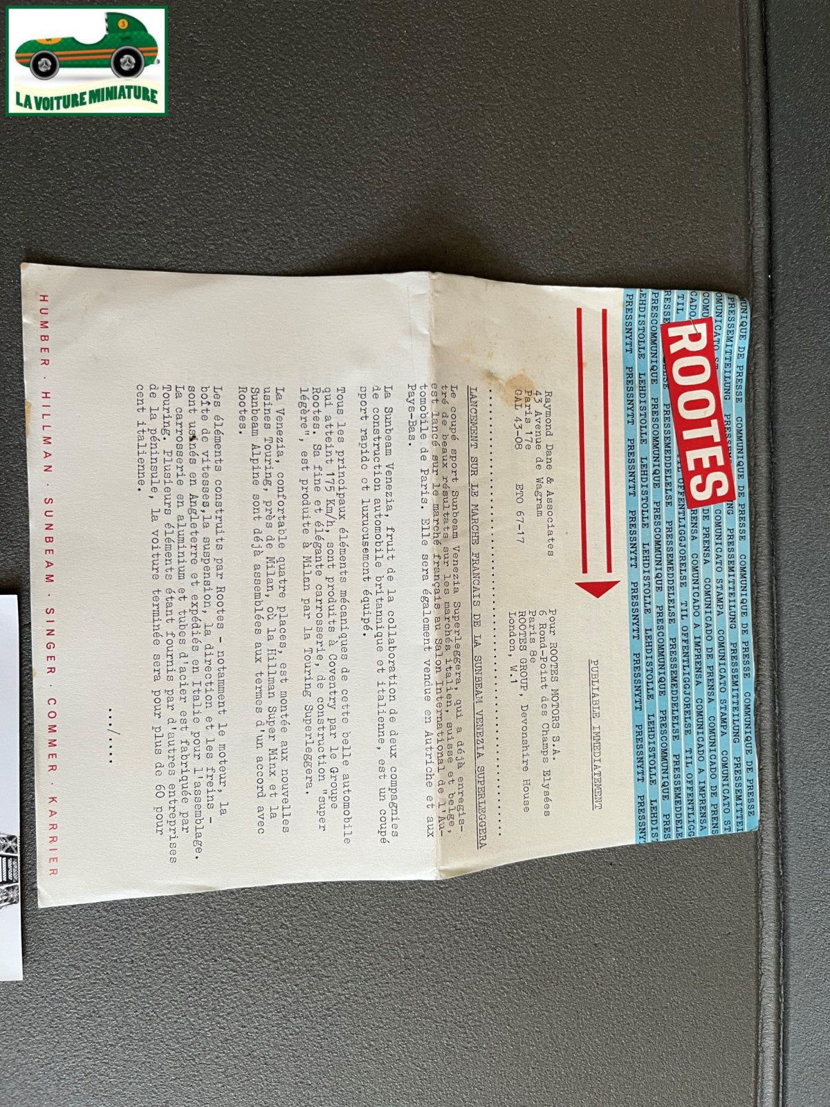 Ancien Documentation Automobile Communiqué Presse Rootes Motors Sunbeam Photo