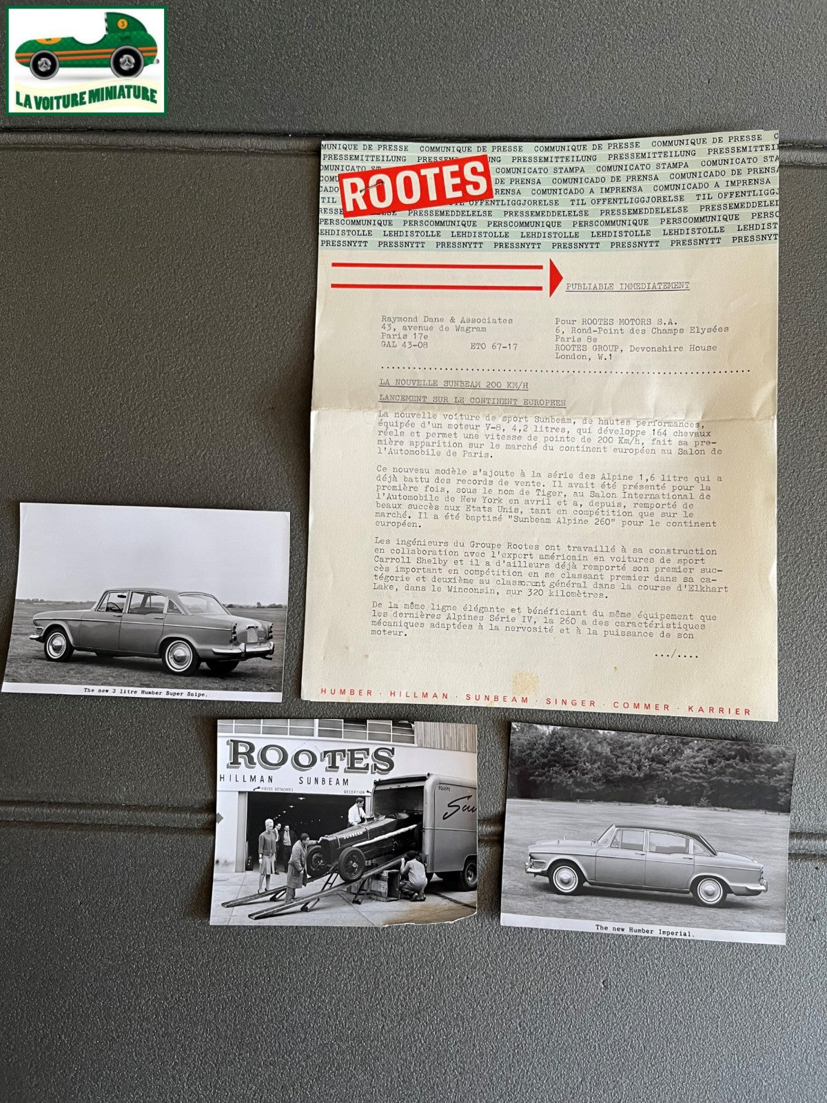 Ancien Documentation Automobile Communiqué Presse Rootes Motors Sunbeam Photo