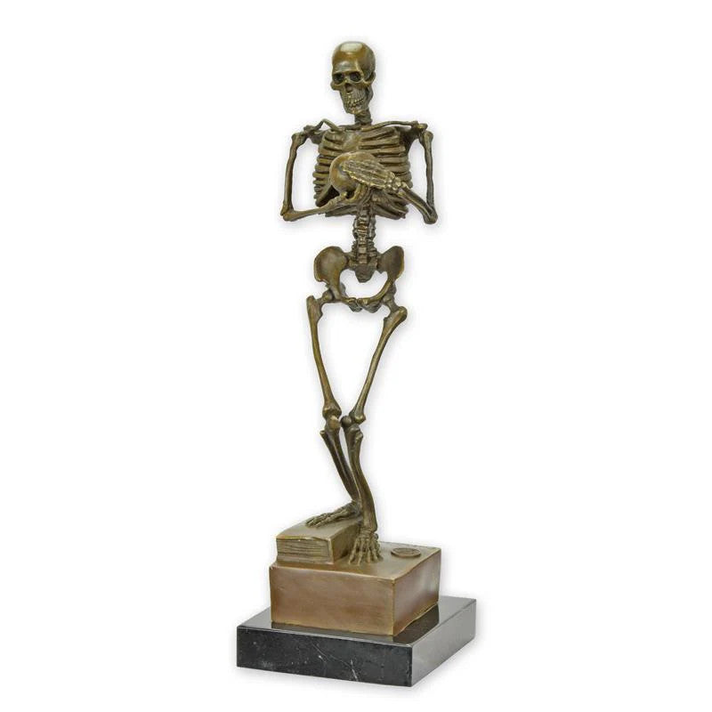 SQUELETTE STATUE MODERNE SCULPTURE BRONZE AVEC CRÂNE DANS LES MAINS