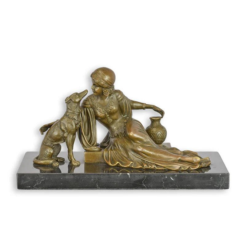 STATUE MODERNE SCULPTURE BRONZE DAME AVEC DES BORZOI