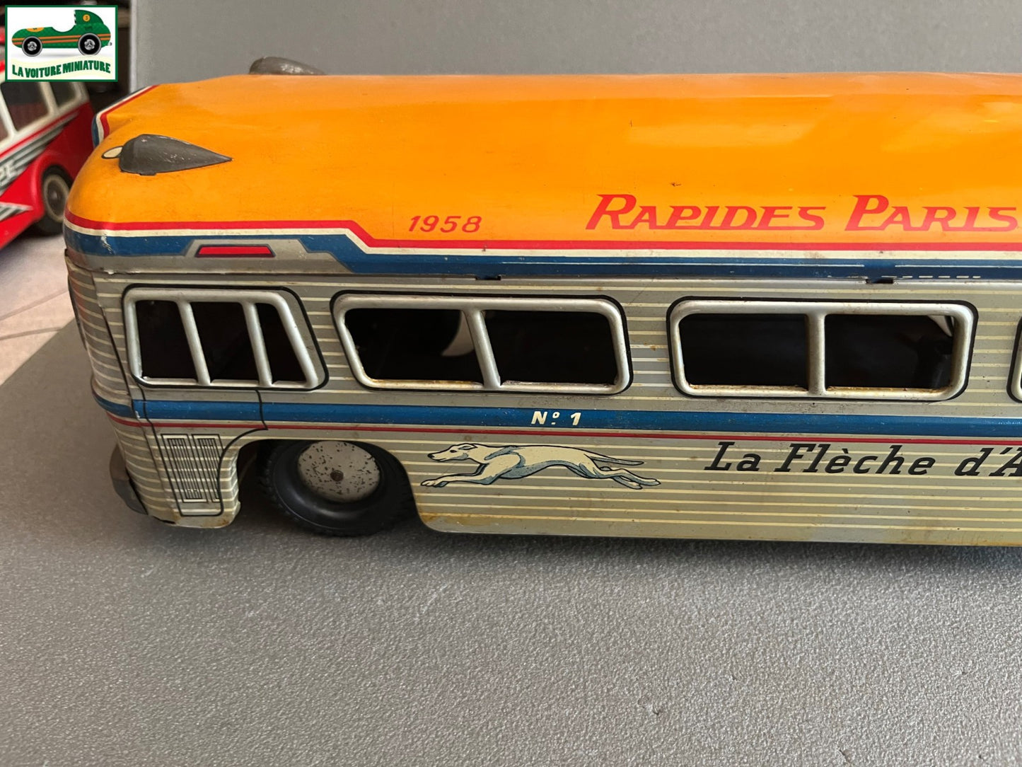 Jouet Ancien Tôle Bus Autobus Flèche d'argent France Jouets Vintage Mécanisme FJ