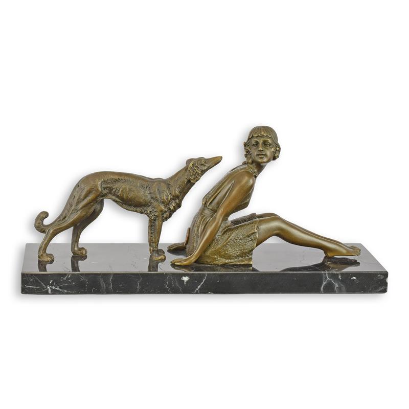 STATUE MODERNE SCULPTURE BRONZE JEUNE FILLE AVEC DES BORZOI