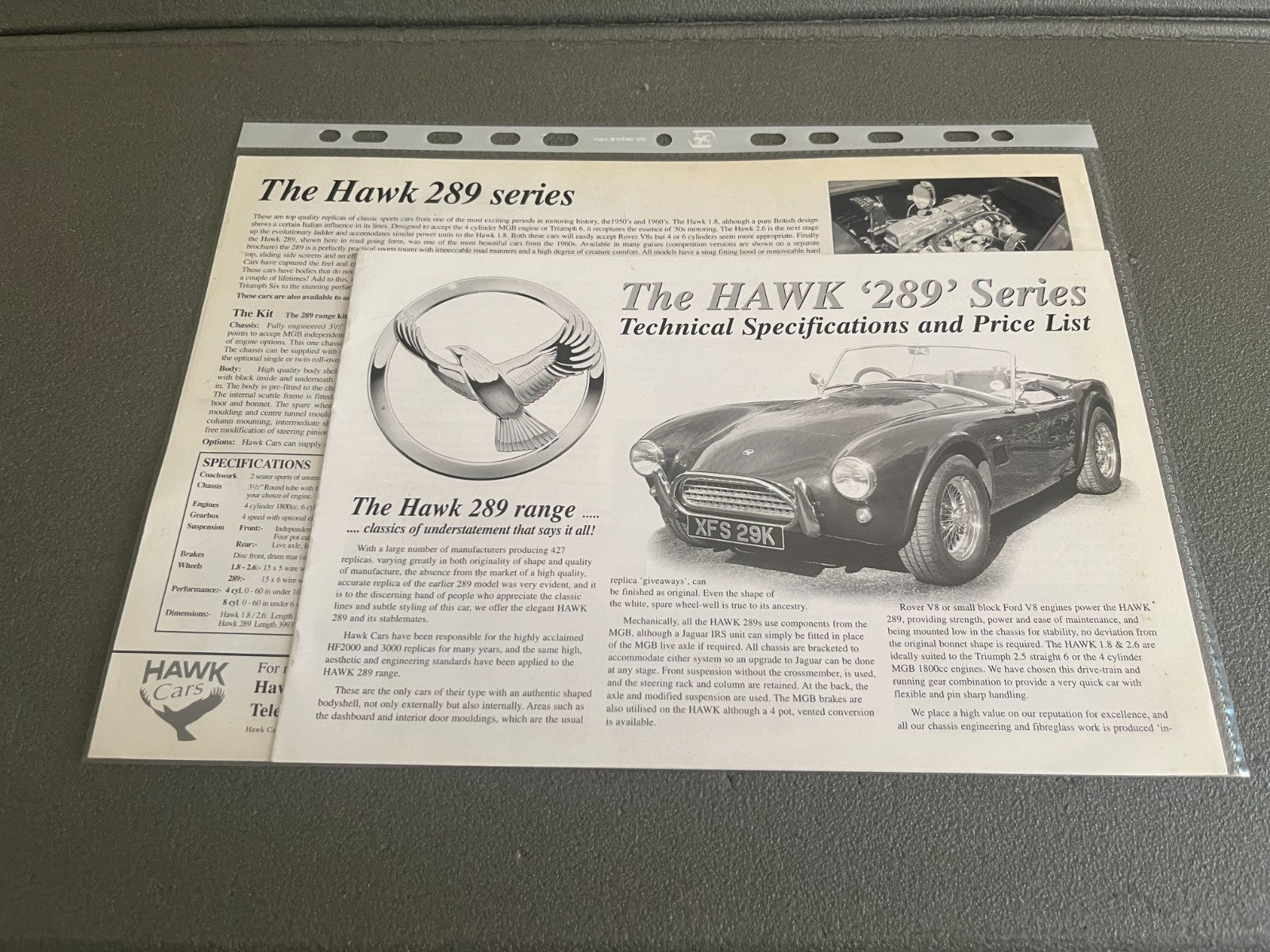Ancien Dépliant Brochure Documentation Automobile The Hawk 289 Series