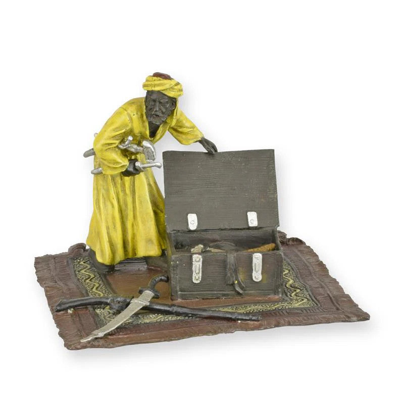 STATUE MODERNE SCULPTURE BRONZE ARABE SUR TAPIS AVEC ARME À PORTÉE ARME