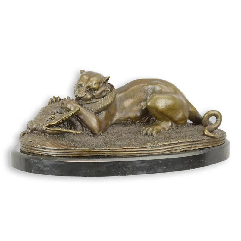 STATUE MODERNE SCULPTURE BRONZE TIGRE DÉVORANT GAVIAL DU GANG