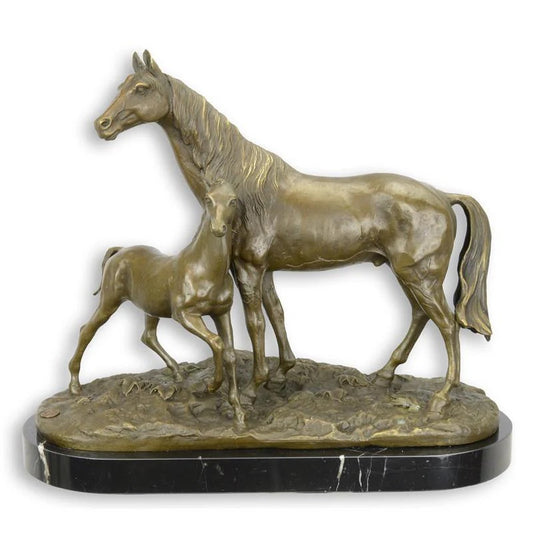 GROUPE STATUE MODERNE SCULPTURE BRONZE CHEVAL ET POULAIN
