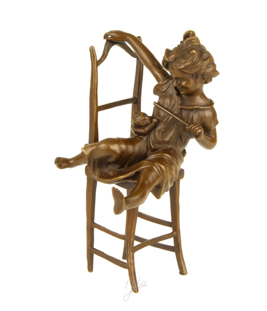 Statue Sculpture Bronze Art Déco Nouveau Enfant Chat Heureux DSBJ-222 Moderne