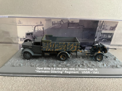 Miniature Militaire Char Tank Blindé Opel Blitz 3.6 36 S + Flak 38 Altaya 1/72