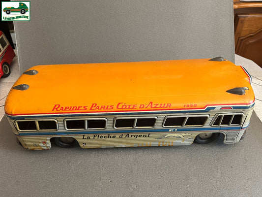 Jouet Ancien Tôle Bus Autobus Flèche d'argent France Jouets Vintage Mécanisme FJ