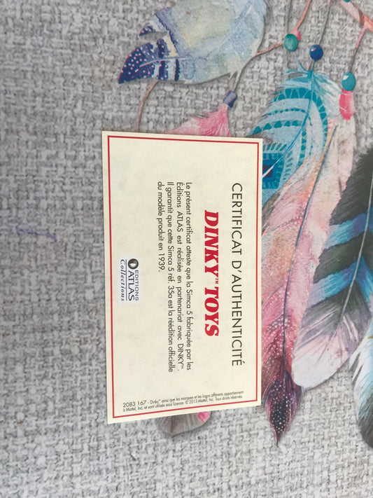 Dinky Toys Atlas Certificat D'Authenticité Ref 35 A Simca 5
