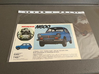 Ancien Dépliant Brochure Documentation Automobile Honda N600 S800