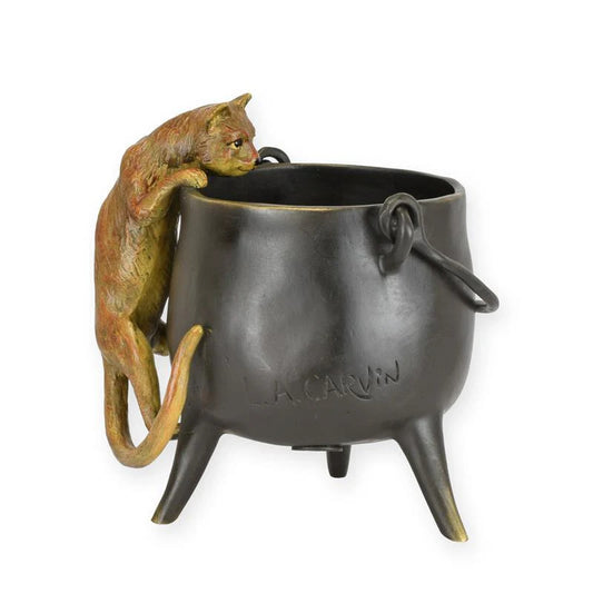 STATUE MODERNE SCULPTURE BRONZE CHAT GRIMPANT DANS POT
