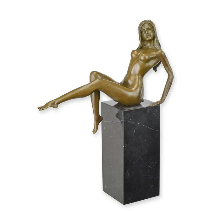 STATUE MODERNE SCULPTURE BRONZE femme EROTIQUE assise sur socle marbre