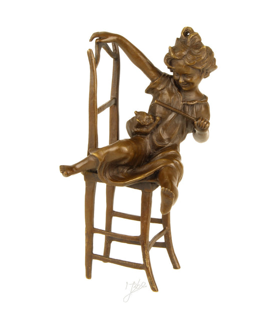 Statue Sculpture Bronze Art Déco Nouveau Enfant Chat Heureux DSBJ-222 Moderne
