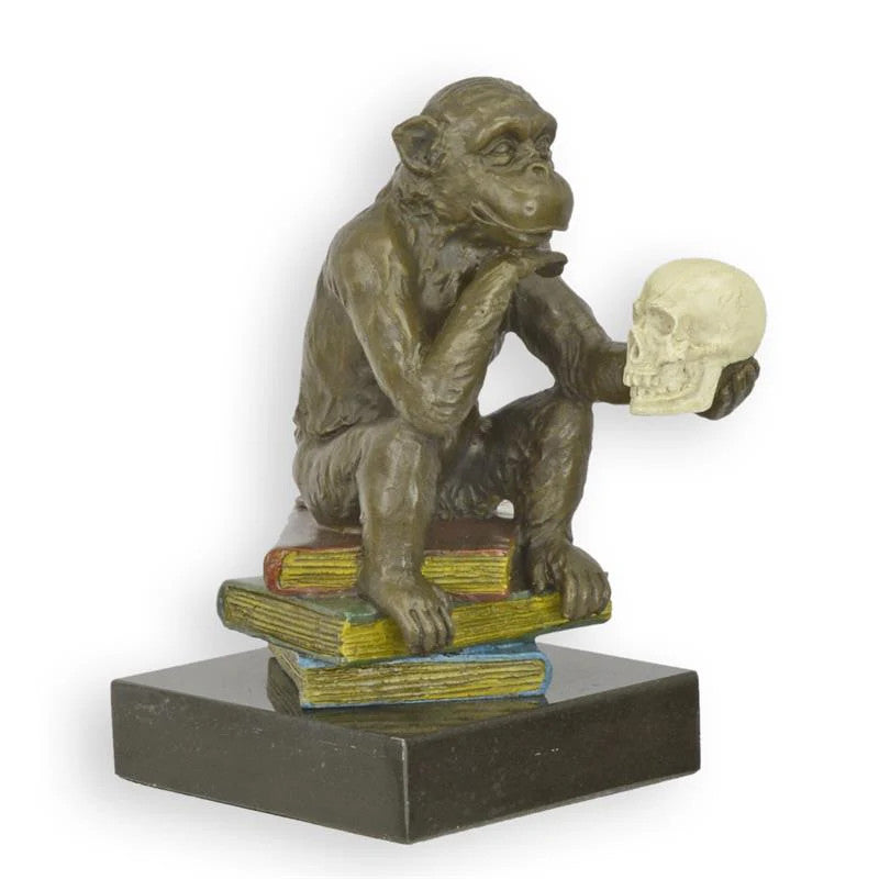 STATUE MODERNE SCULPTURE BRONZE singe de Darwin sur des livres