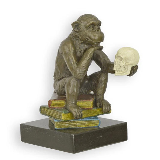 STATUE MODERNE SCULPTURE BRONZE singe de Darwin sur des livres