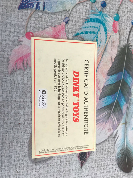 Dinky Toys Atlas Certificat D'Authenticité Ref Talbot Lago