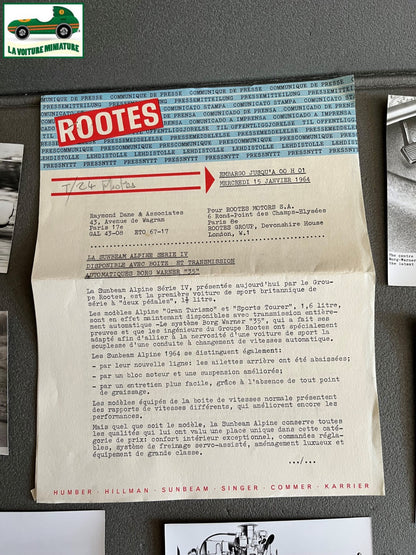 Ancien Documentation Automobile Communiqué Presse Rootes Motors Sunbeam Photo