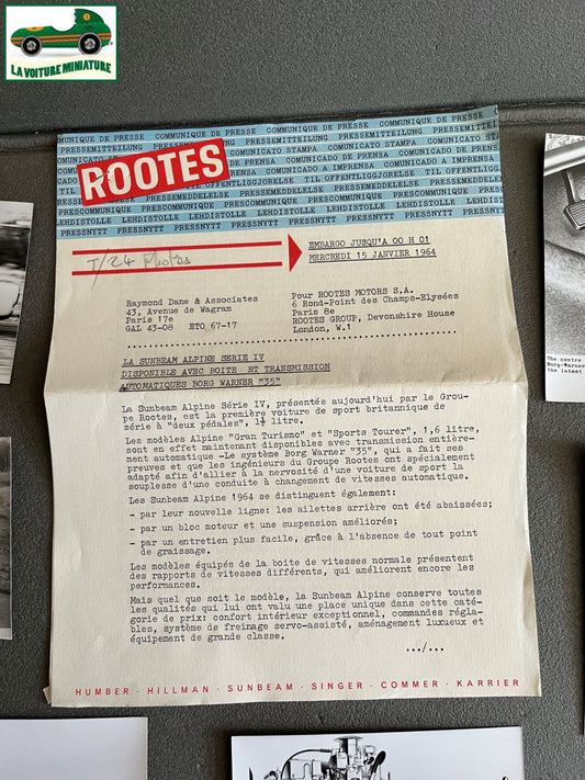 Ancien Documentation Automobile Communiqué Presse Rootes Motors Sunbeam Photo