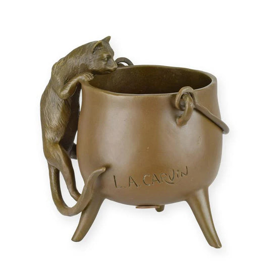 STATUE MODERNE SCULPTURE BRONZE CHAT GRIMPANT DANS POT