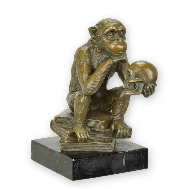 SINGE DE DARWIN STATUE MODERNE SCULPTURE BRONZE SUR DES LIVRES