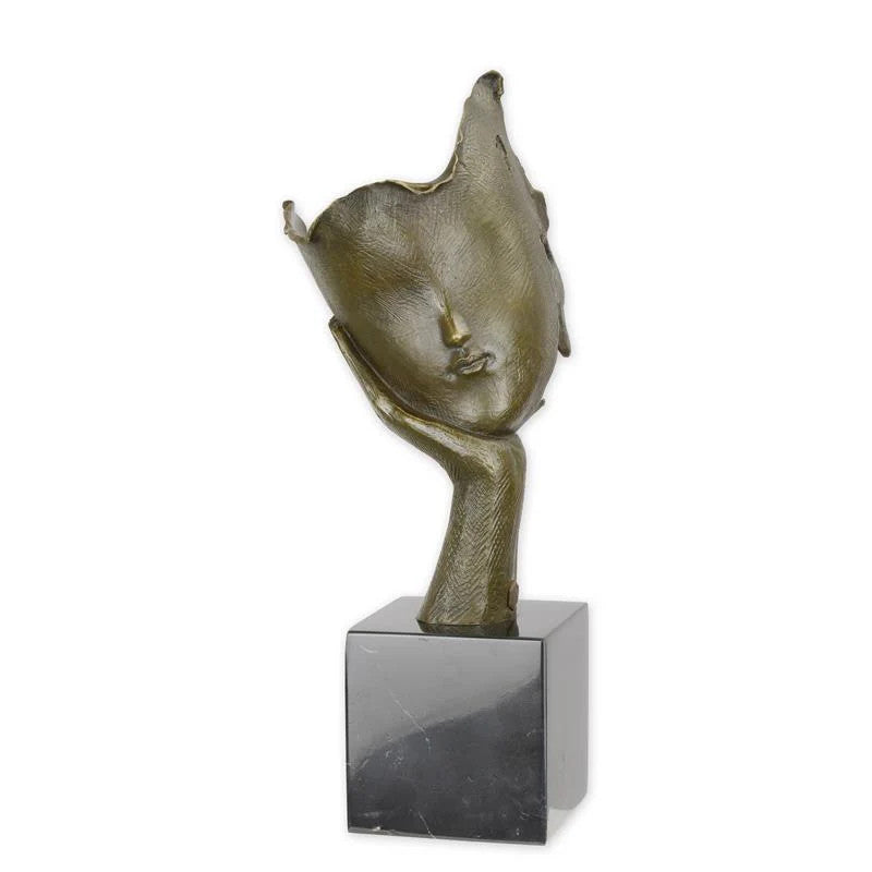 STATUE MODERNE SCULPTURE BRONZE VISAGE REPOSÉ SUR LA PAUME DE LA MAIN