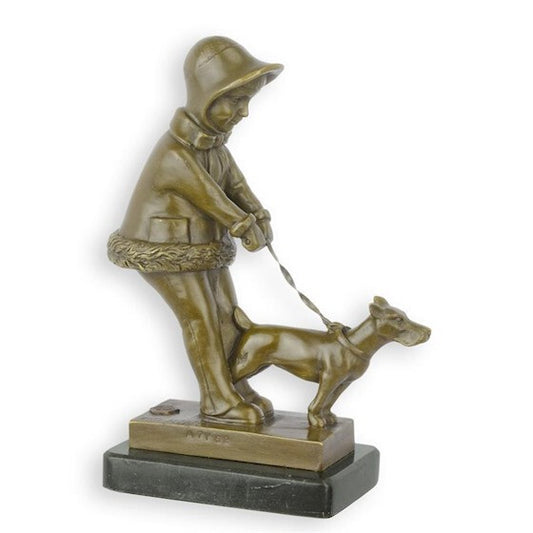 Statue Sculpture Bronze Art Déco Nouveau Petite Fille Chien BE-63 Moderne