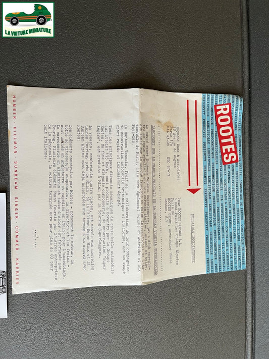 Ancien Documentation Automobile Communiqué Presse Rootes Motors Sunbeam Photo