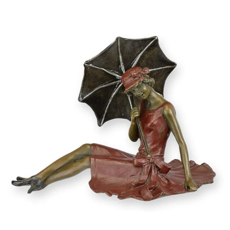 STATUE MODERNE SCULPTURE BRONZE DAME ALLONGÉE AVEC PARAPLUIE