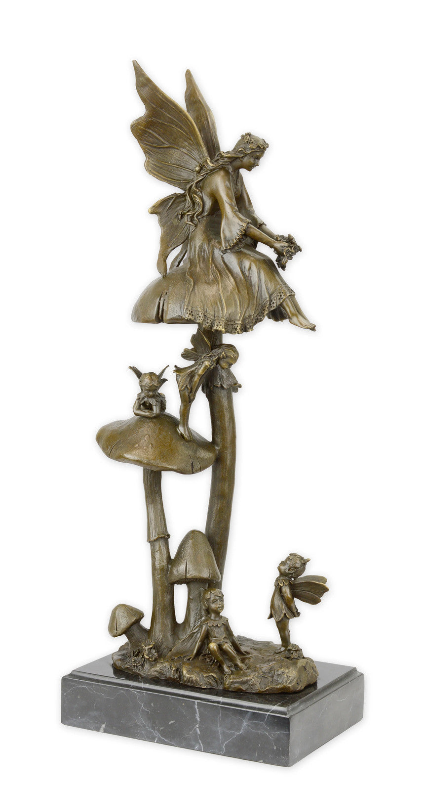 STATUE MODERNE SCULPTURE BRONZE groupe de fées reposant sur champignon