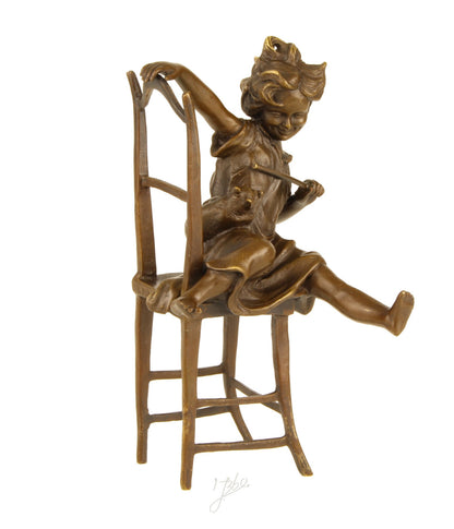 Statue Sculpture Bronze Art Déco Nouveau Enfant Chat Heureux DSBJ-222 Moderne