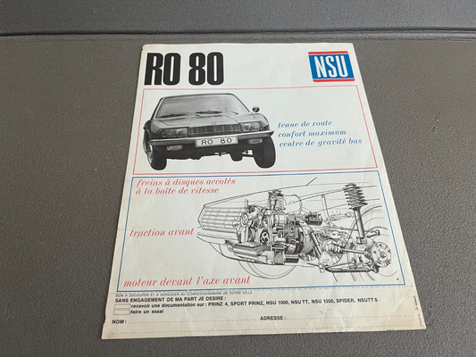 Ancien Dépliant Brochure Documentation Automobile NSU RO 80