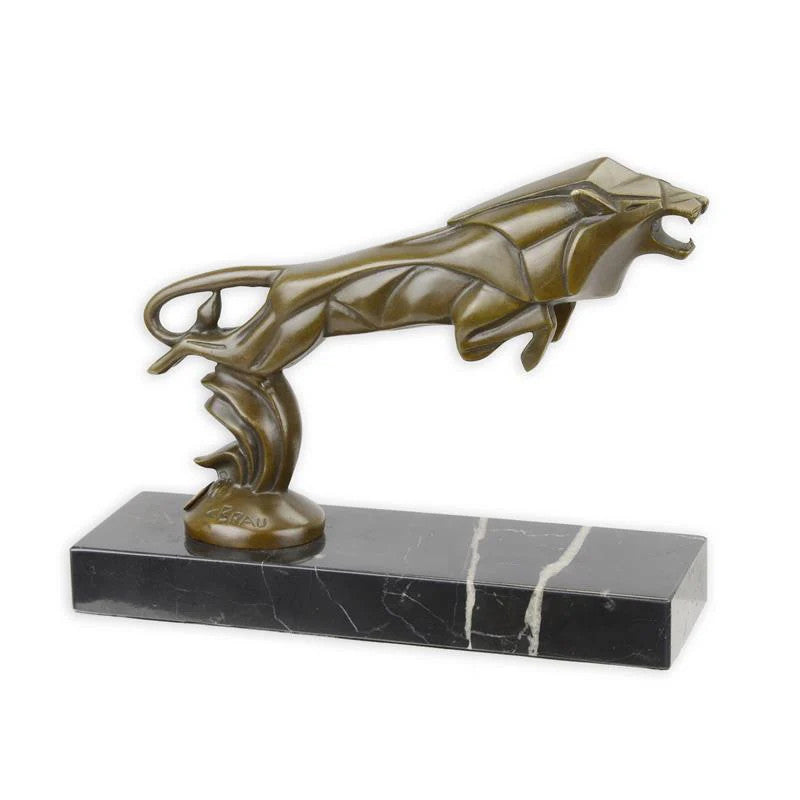 MASCOTTE DE VOITURE STATUE MODERNE SCULPTURE BRONZE LION SAUTEUR
