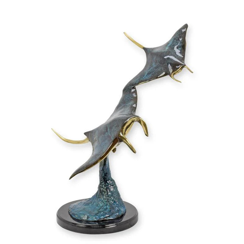 STATUE MODERNE SCULPTURE BRONZE DE DEUX MANTEAS SUR SOCLE MARBRE