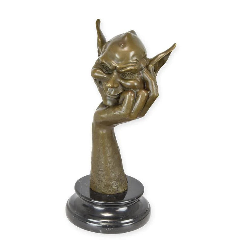 STATUE MODERNE SCULPTURE BRONZE TÊTE DE GOBELIN REPOSÉE SUR MAIN