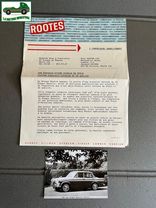 Ancien Documentation Automobile Communiqué Presse Rootes Motors Singer Photo