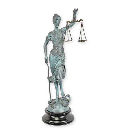 STATUE MODERNE SCULPTURE BRONZE DE LA DAME JUSTICE FINITION VERTE