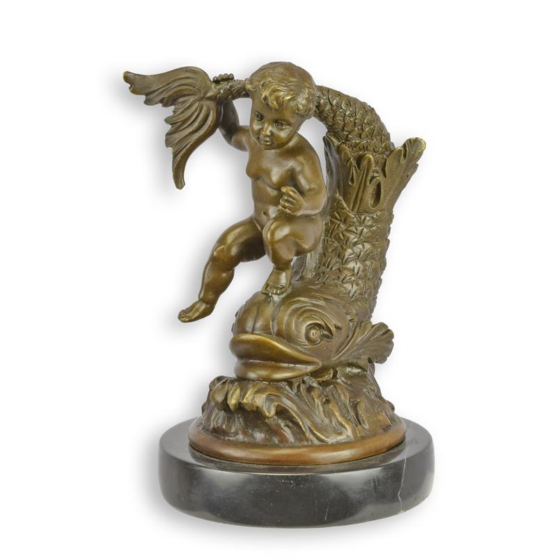 STATUE MODERNE SCULPTURE BRONZE PUTTO SUR UN POISSON