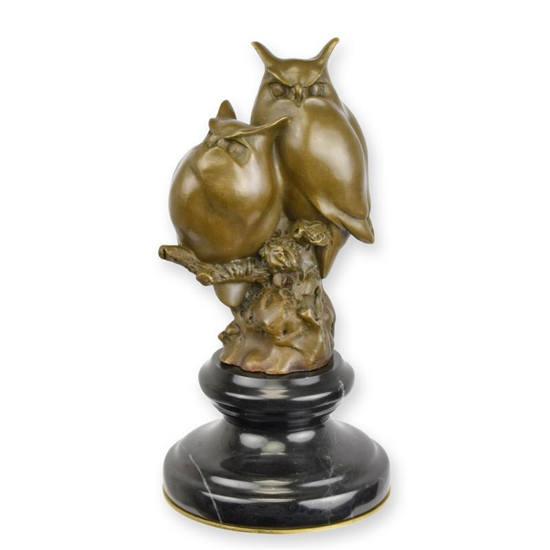 STATUE MODERNE SCULPTURE en bronze de deux hiboux perchEs sur une branche (Laiton Pl