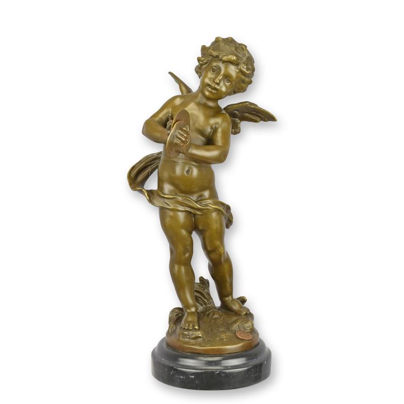STATUE MODERNE SCULPTURE BRONZE PUTTO JOUANT DES CYMBALES