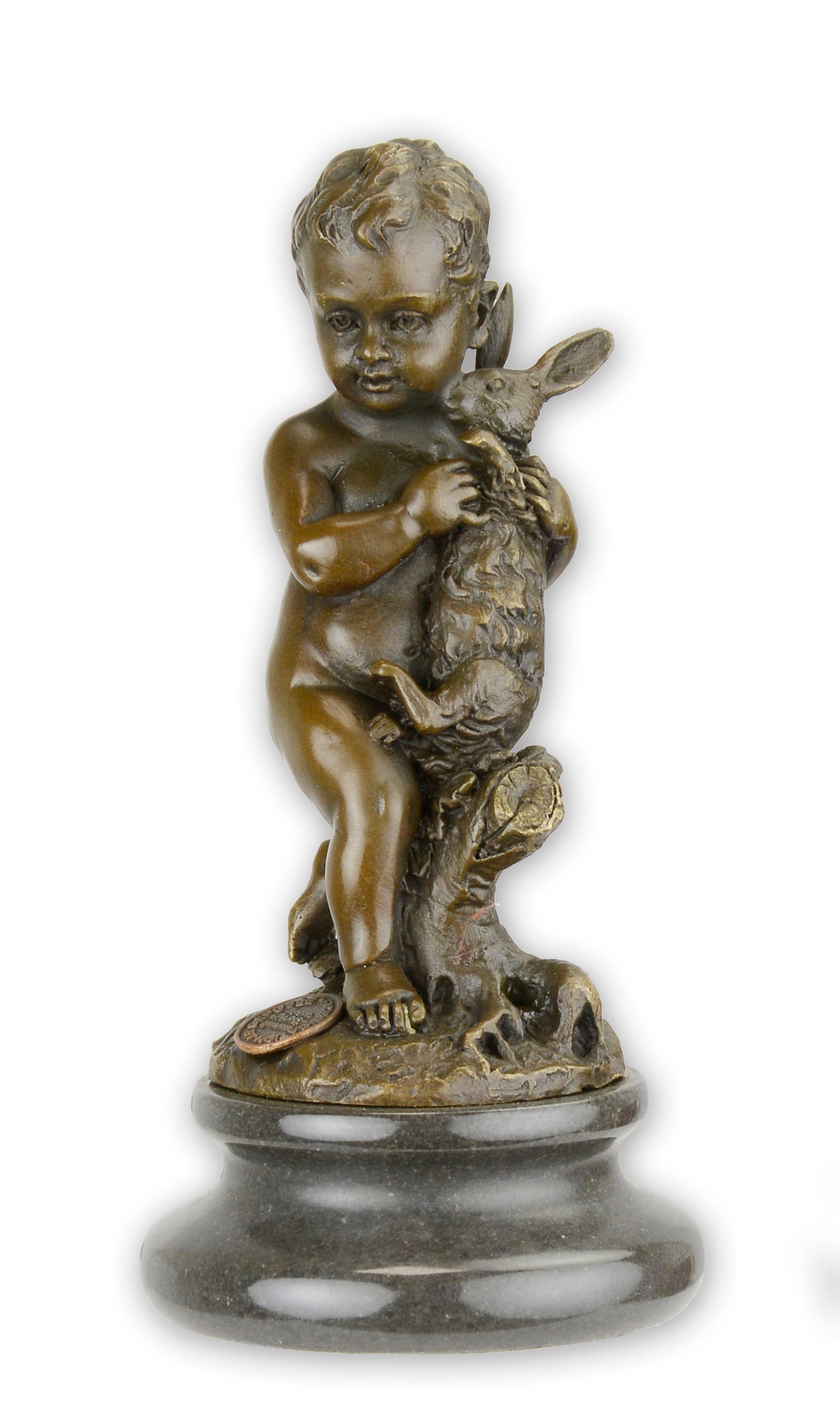 STATUE MODERNE SCULPTURE BRONZE PETIT GARÇON AVEC UN LAPIN