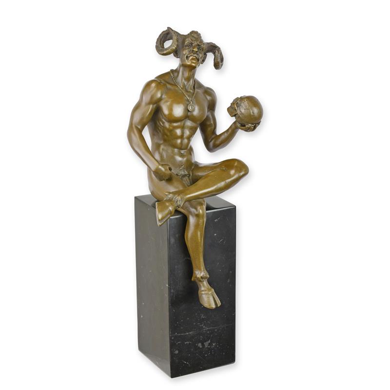 STATUE MODERNE SCULPTURE BRONZE DE SATAN TENANT UN CRÂNE