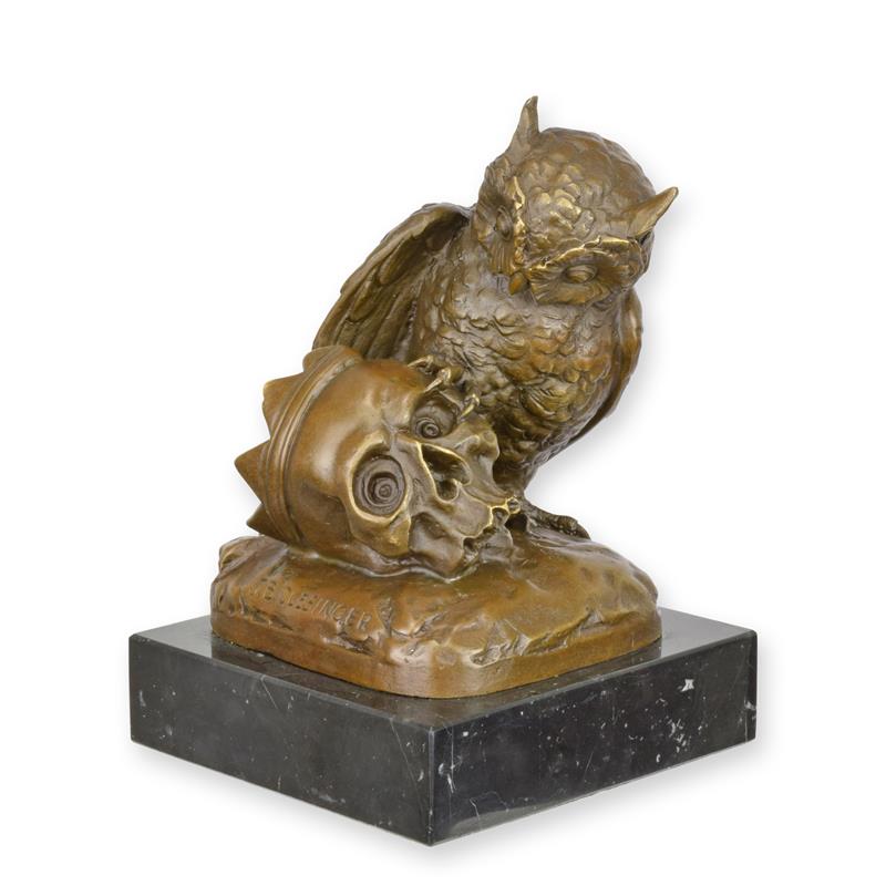 STATUE MODERNE SCULPTURE BRONZE HIBOU AVEC UN CRÂNE