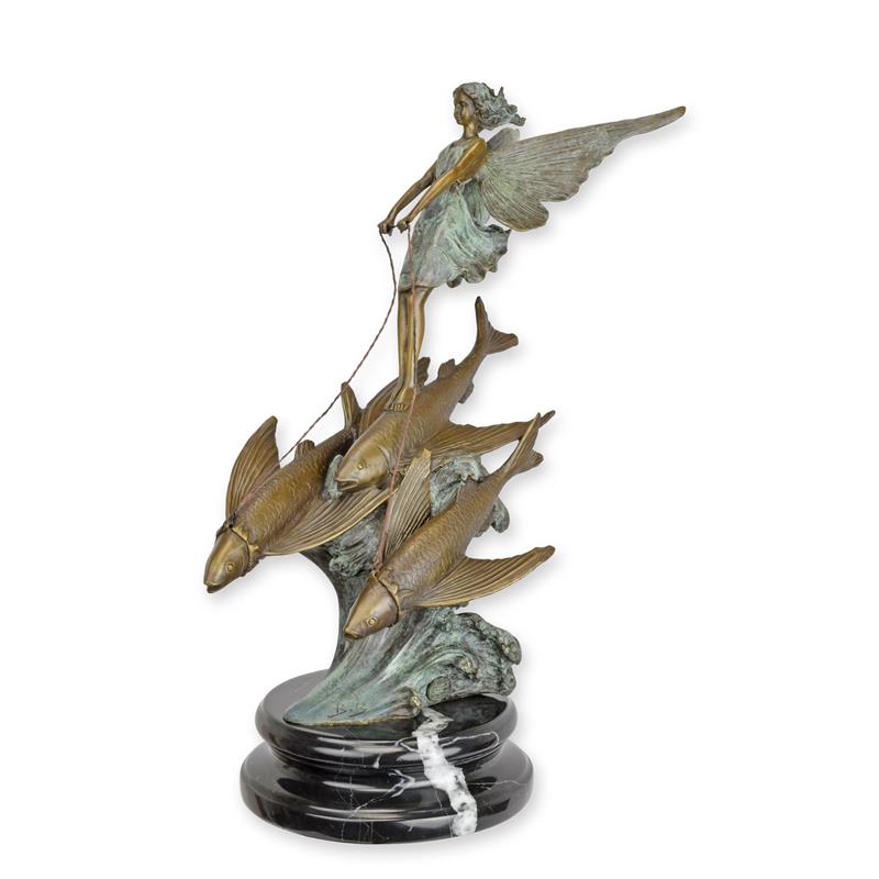 STATUE MODERNE SCULPTURE BRONZE FEE DOMPTANT DES POISSONS