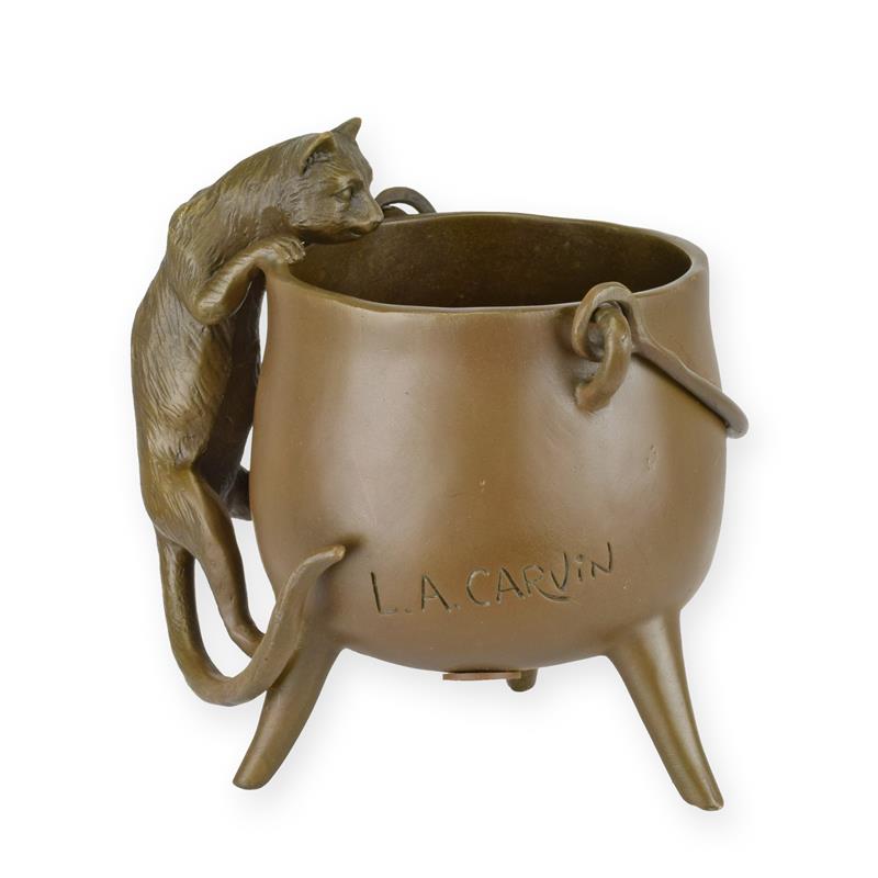 STATUE MODERNE SCULPTURE BRONZE CHAT GRIMPANT DANS UN POT