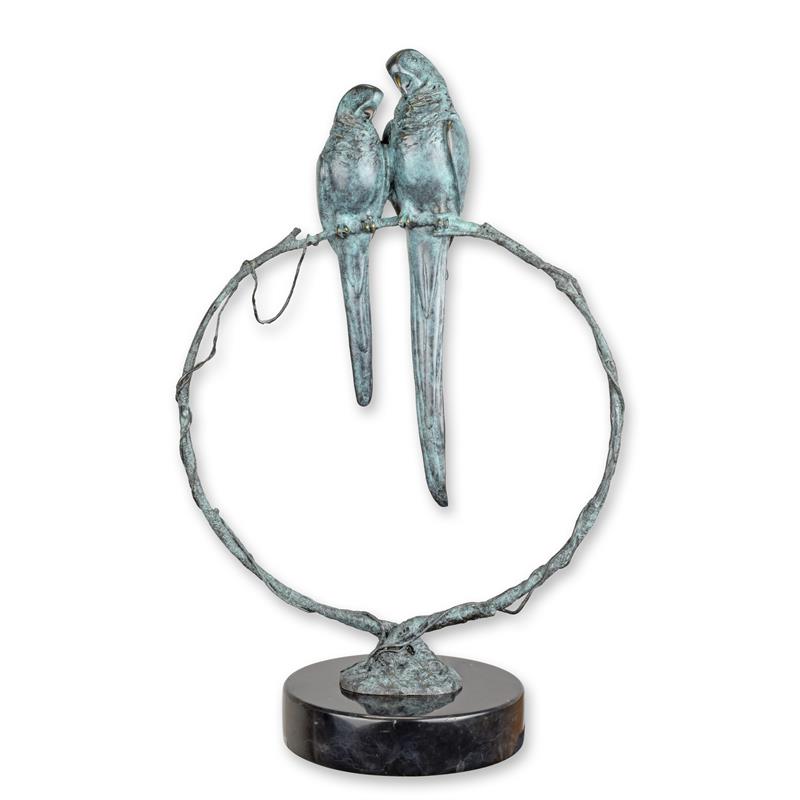 STATUE MODERNE SCULPTURE BRONZE UN DEUX PERROQUETS SURBRANCHE