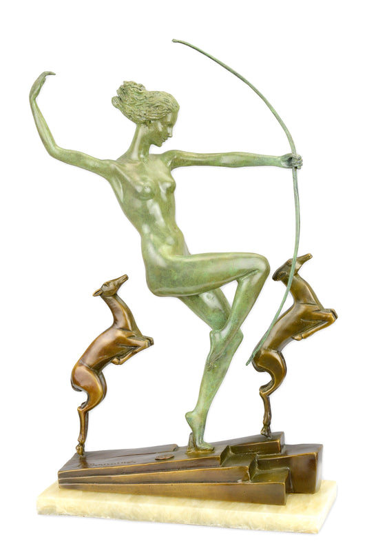 STATUE MODERNE SCULPTURE BRONZE DE DIANA AVEC 2 CHIS FINITION VERTE/MARRON